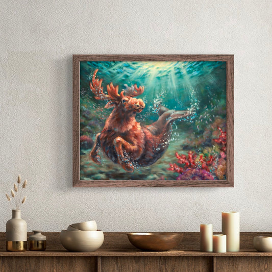 Colorful fantasy oil painting featuring a fantastic creature mermoose that swims under the sea among lush corals