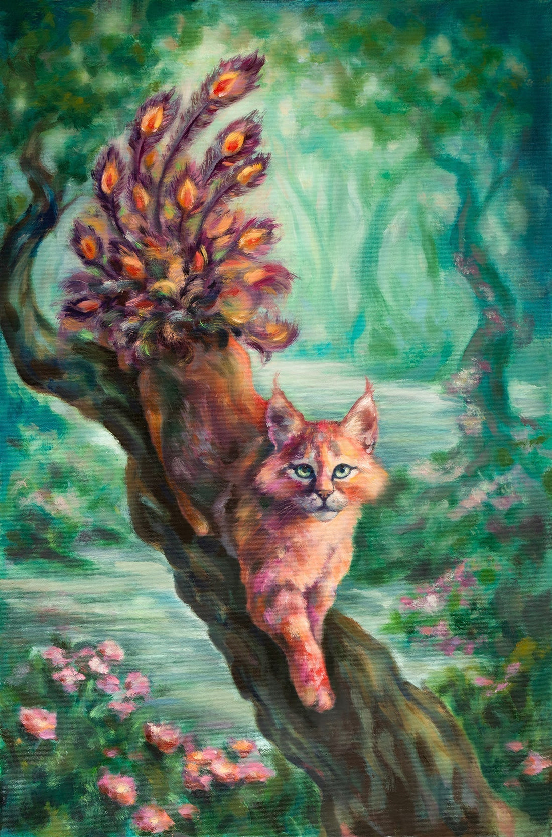 Pink fantasy cat with a peacock tale