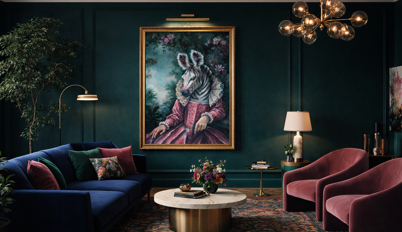Luxurious living room with dark green walls, a zebra portrait, and plush furniture.