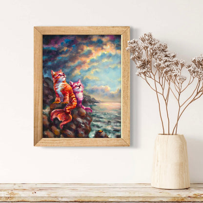 Colorful fantasy oil painting featuring two cats sitting by the sea and watching sunset