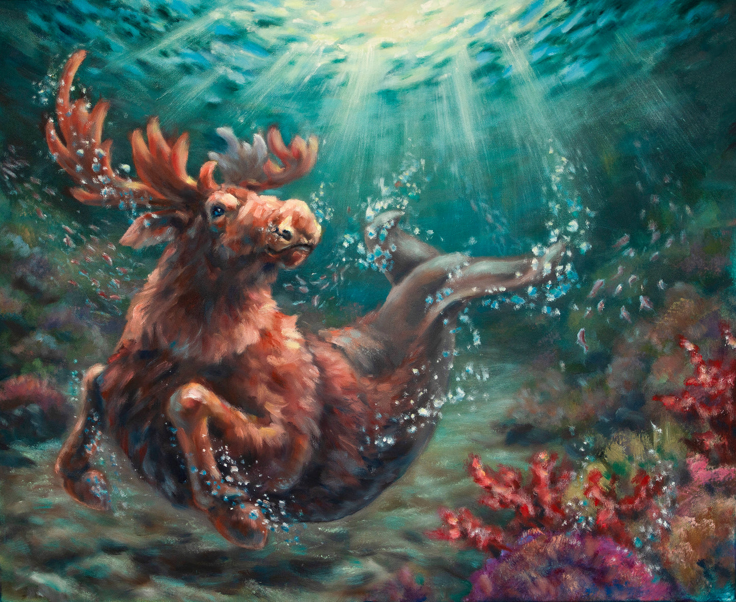 Colorful fantasy oil painting featuring a fantastic creature sea moose that swims under the sea among lush corals