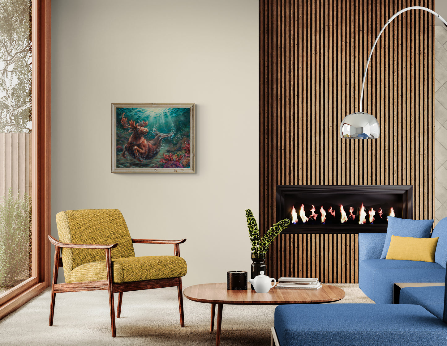 Colorful fantasy oil painting in a cosy living room with a fireplace