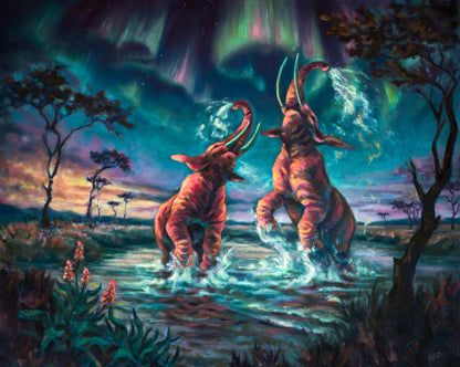 Original painting "Elephants and the northern lights"