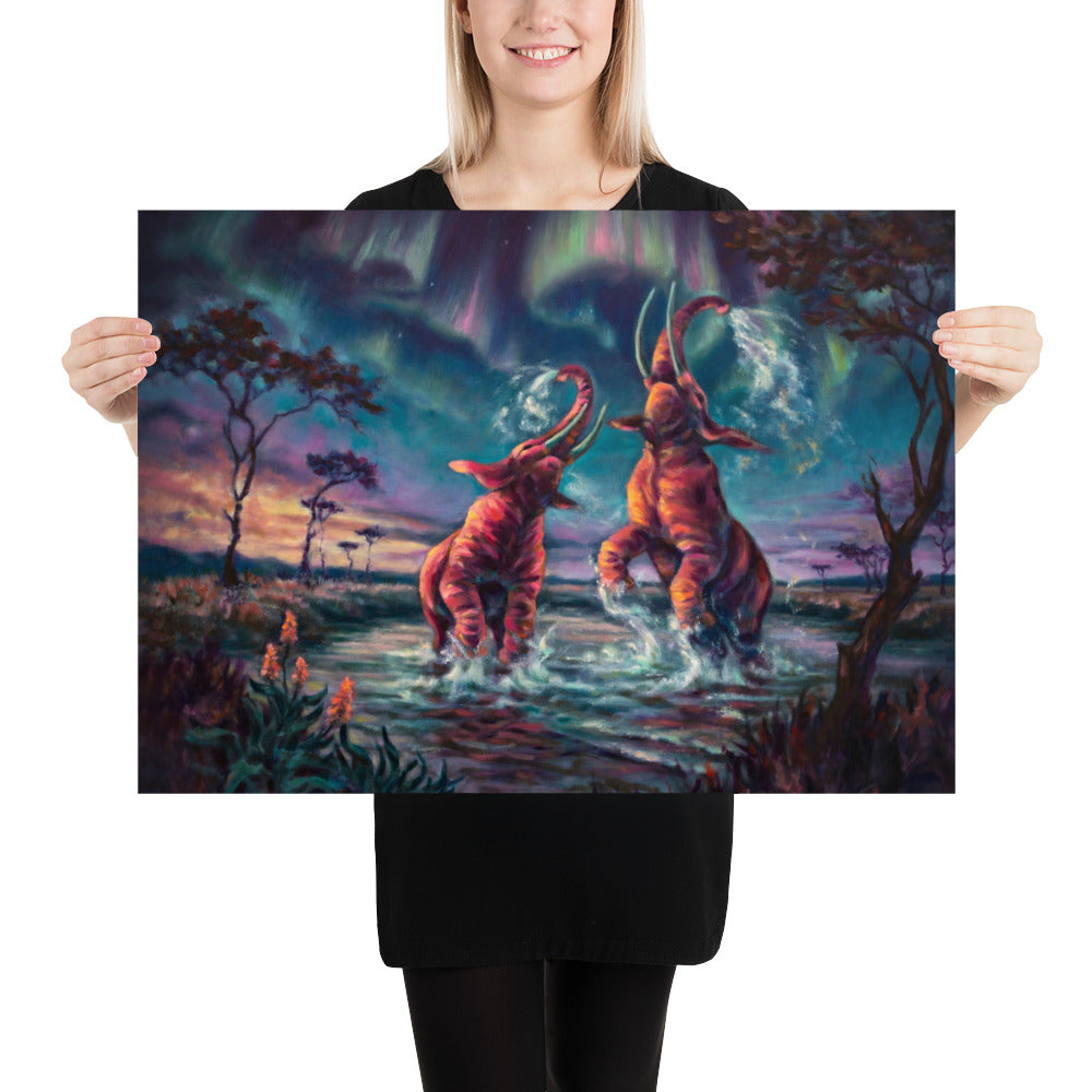 "Elephants and the Northern Lights" museum-quality paper poster