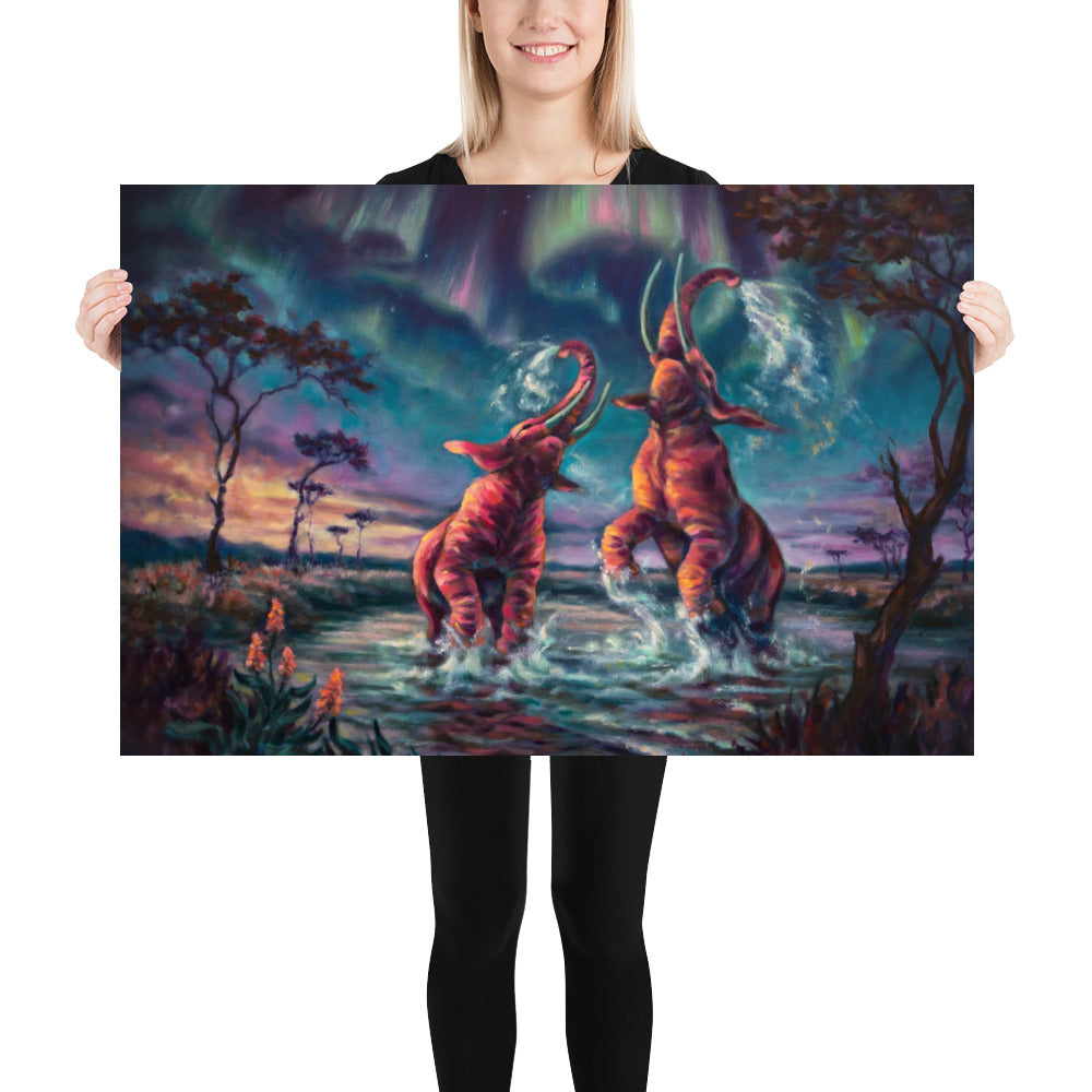 "Elephants and the Northern Lights" museum-quality paper poster