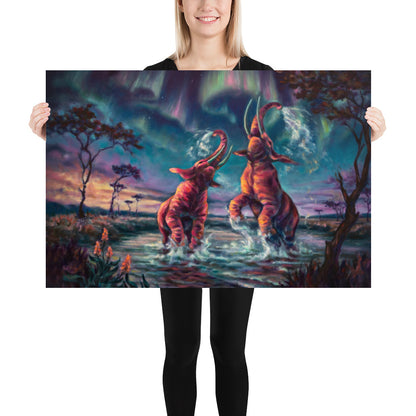 "Elephants and the Northern Lights" museum-quality paper poster