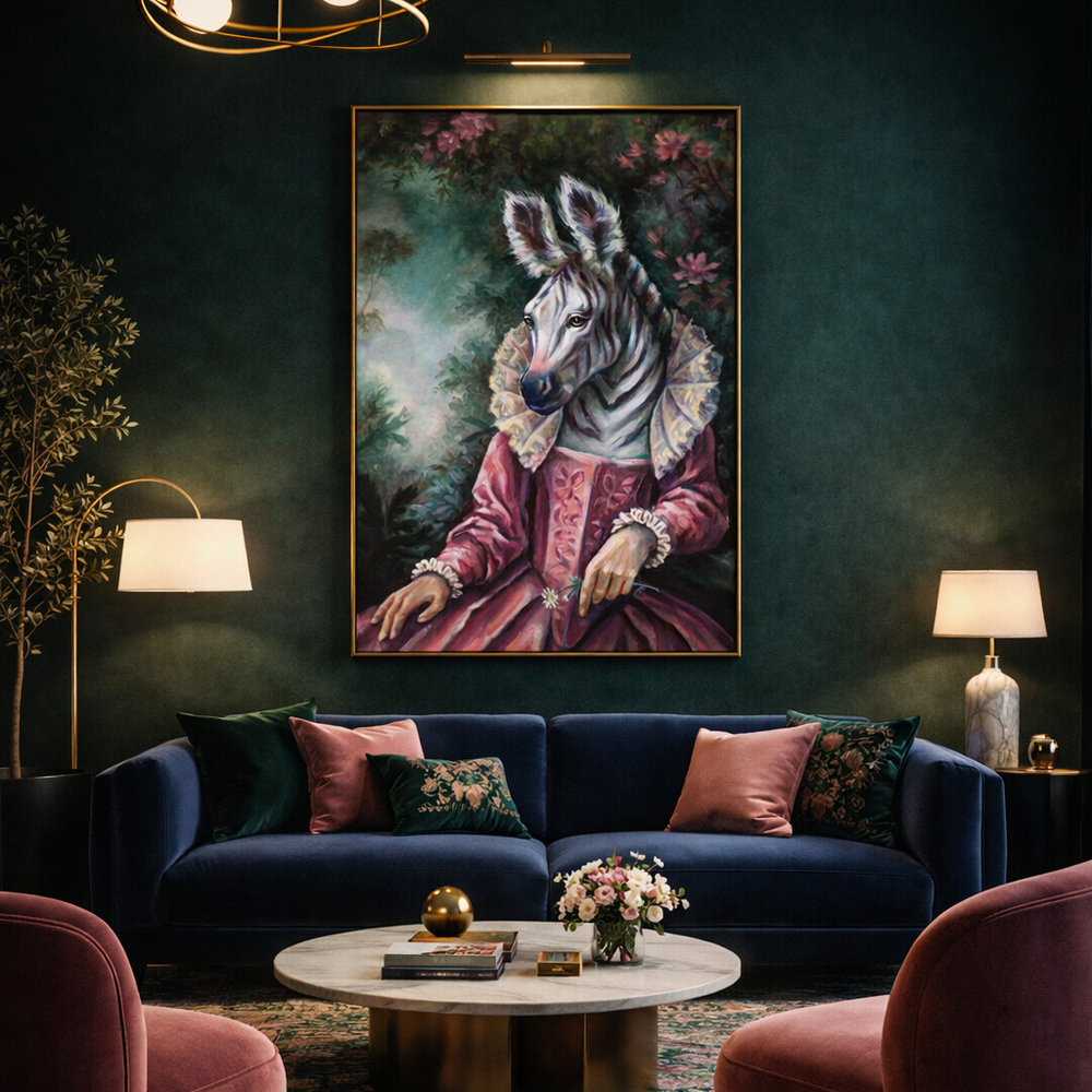 Luxurious living room with dark green walls, a zebra portrait, and plush furniture.