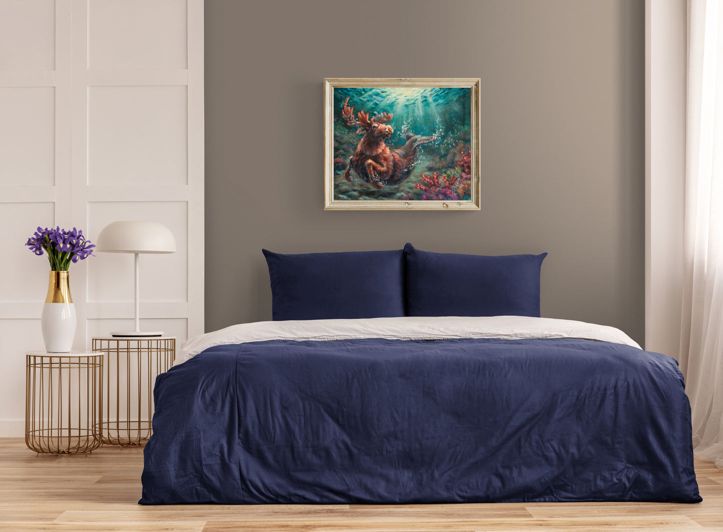 Colorful fantasy oil painting in a minimalistic bedroom