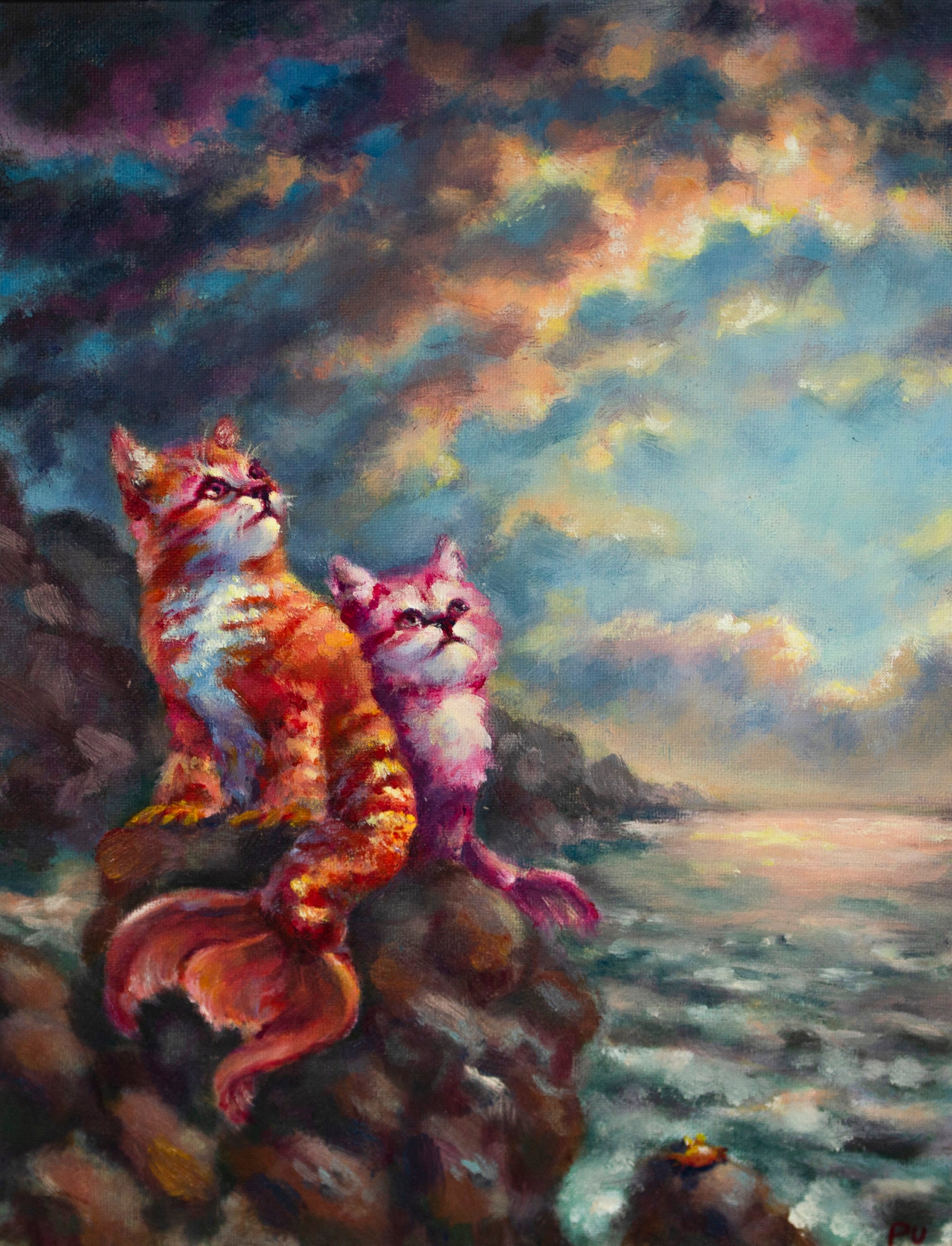 Colorful fantasy oil painting featuring two cats sitting by the sea and watching sunset